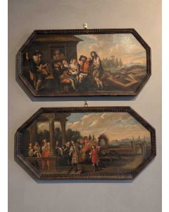 Ein Paar Dekorationsbilder Oel auf Holz um 1700